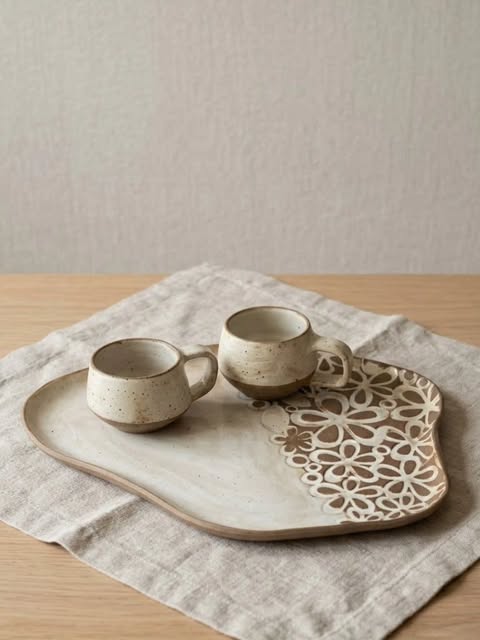 Duas xícaras artesanais sobre uma bandeja de cerâmica com desenho floral, em uma mesa com linho