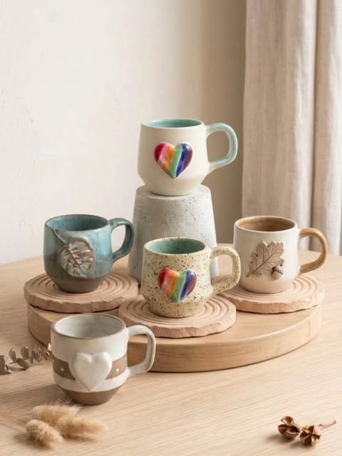 Canecas artesanais em diferentes cores e acabamentos